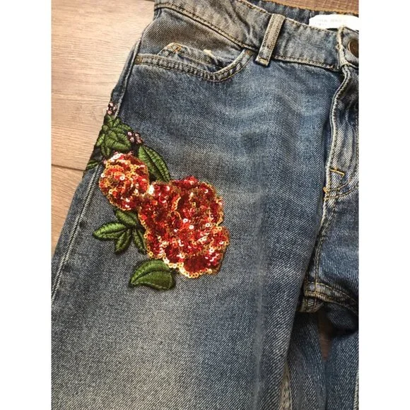 Zara Basic Floral Sequin Embroidered Jeans US 4 - Picture 5 of 12